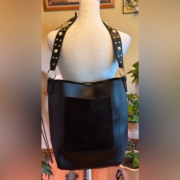Koton Made In Turkey Hobo Shoulder Tote Studded Strap Velvet Front Patch Black - Picture 16 of 16